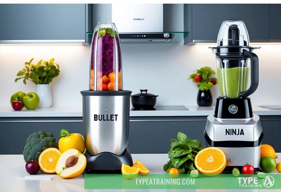 a blender with fruits and vegetables on a counter