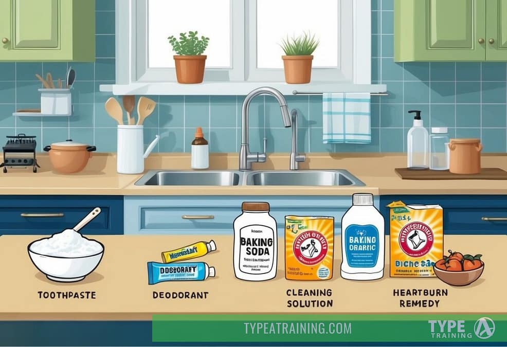 a kitchen counter with different household cleaning products