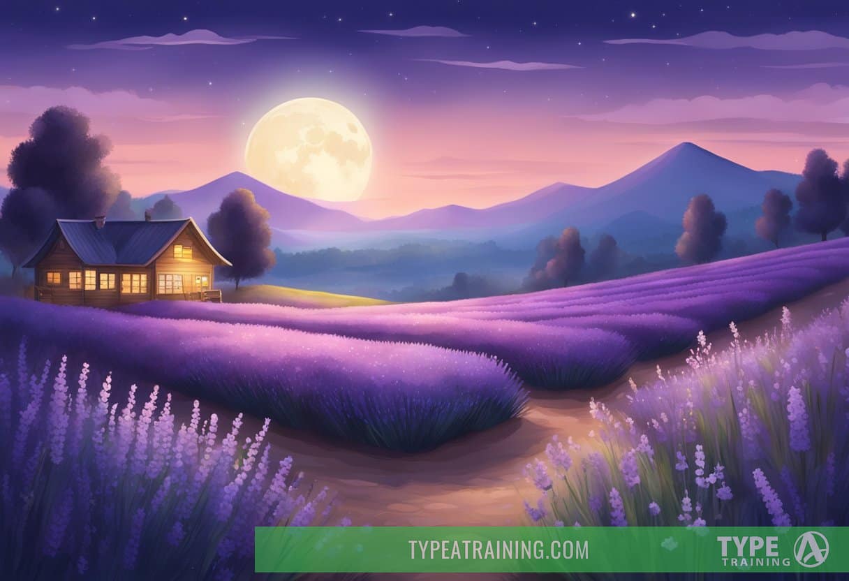 A serene moonlit landscape with a variety of sleep-inducing elements from different cultures, such as lavender fields, calming tea, and cozy blankets