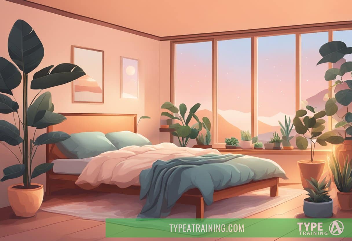 A cozy bedroom with soft lighting, plants, and calming colors. A Japanese futon on the floor, a Himalayan salt lamp, and a Swedish sleep mask