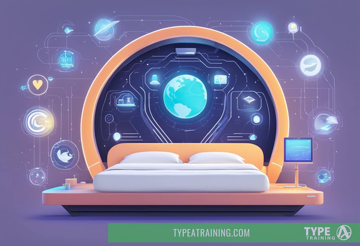 A futuristic bed with built-in sleep technology, surrounded by global sleep hack symbols and icons