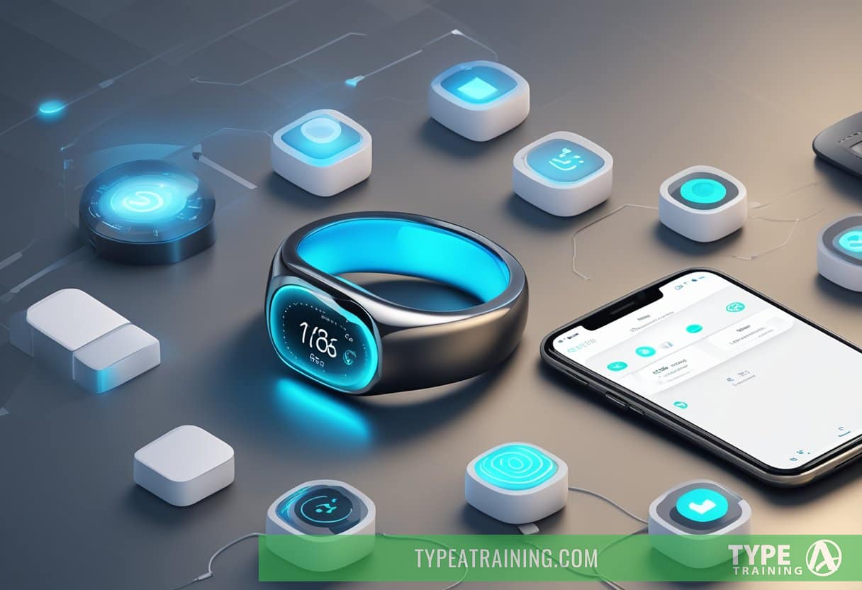A smart ring glowing with a soft blue light, displaying notifications and health data, surrounded by other high-tech accessories