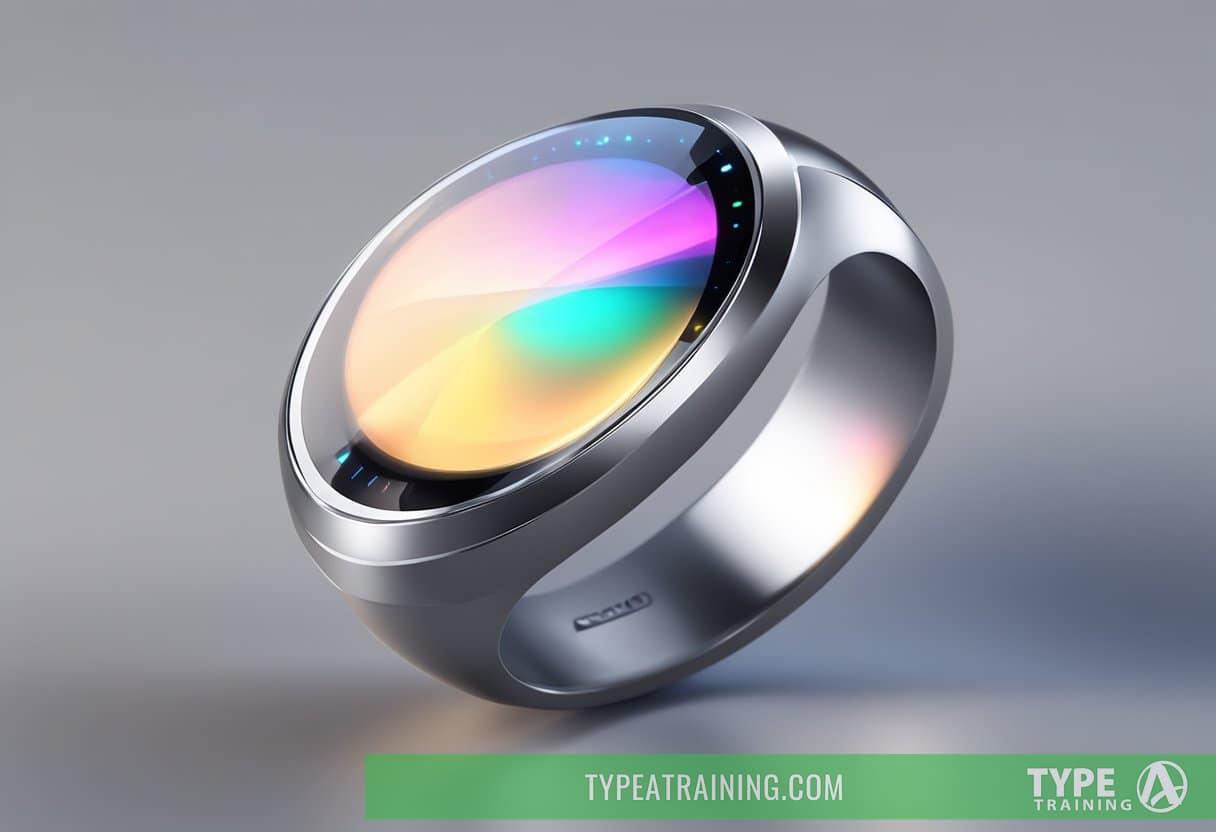 A sleek, futuristic smart ring with glowing LED display and sleek metallic finish, showcasing advanced technology and high performance for 2024