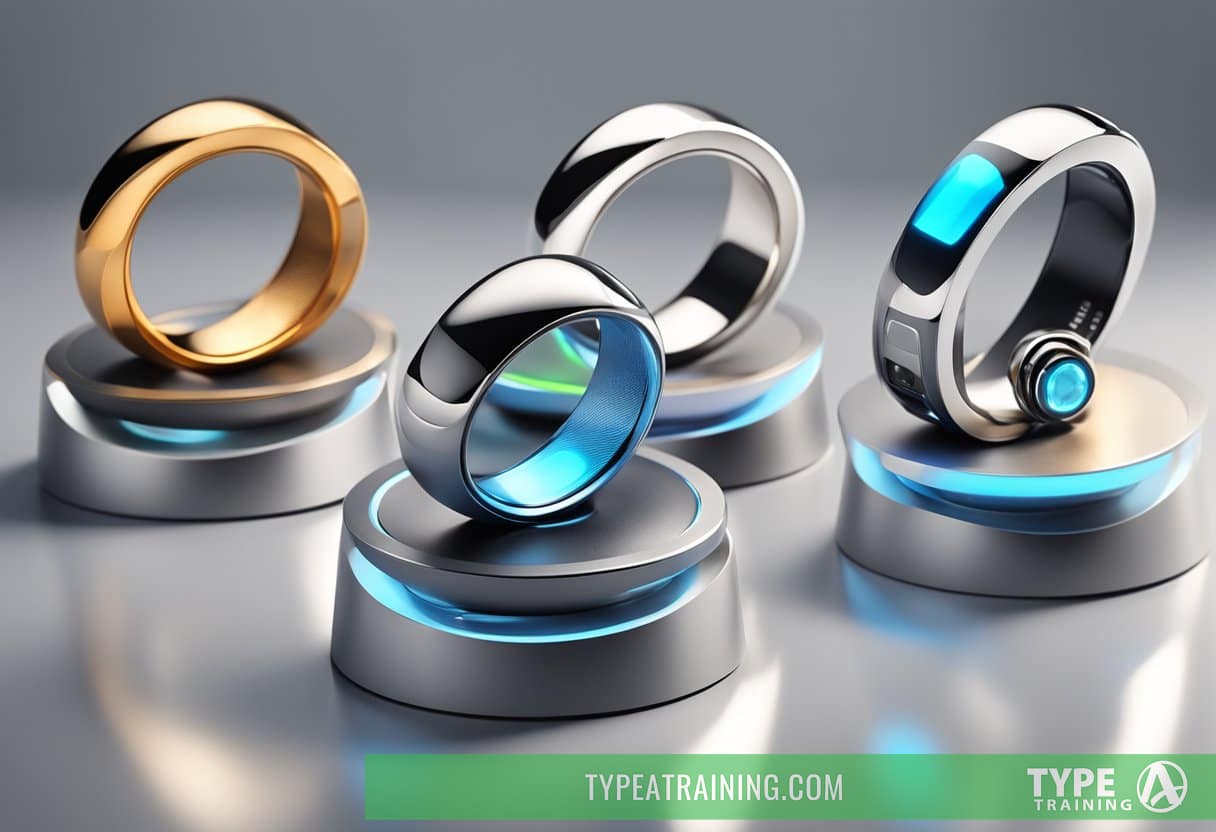 Several sleek smart ring models arranged on a display stand, with futuristic designs and advanced technology features