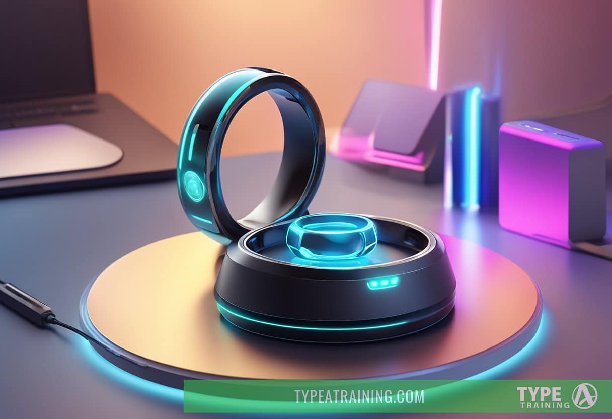 A sleek, futuristic smart ring rests on a charging dock, surrounded by holographic displays and advanced tech gadgets