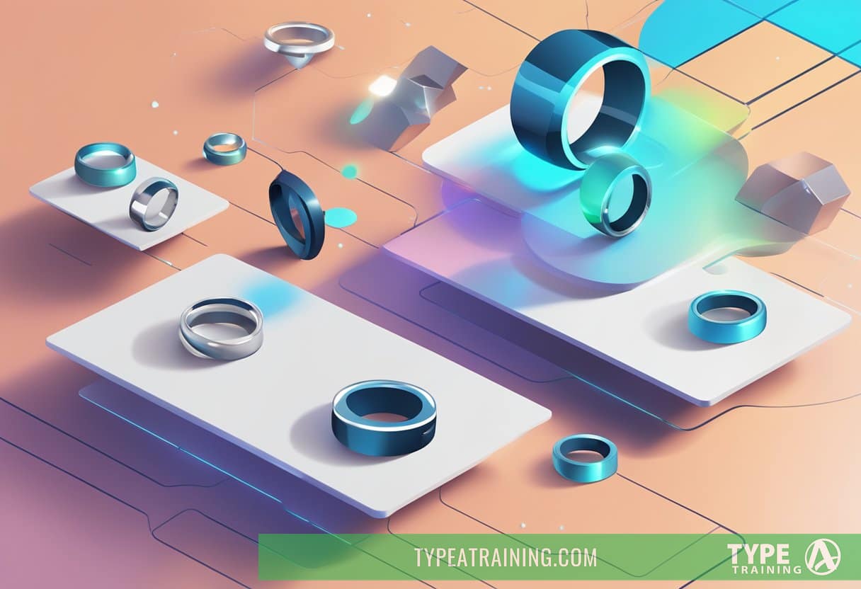A table with various smart rings displayed, surrounded by question marks and a futuristic backdrop