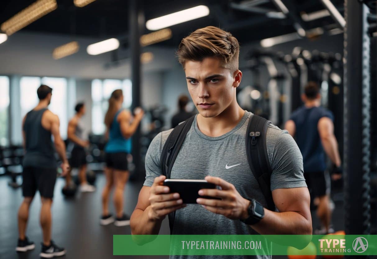 A teenager using a smartphone to search for a personal trainer on social media, with various fitness and technology-related icons in the background