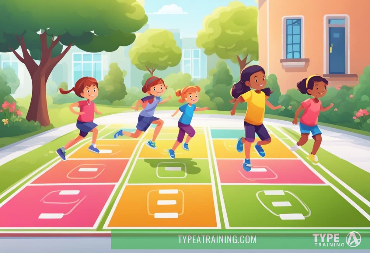 Children playing games like hopscotch and jumping rope while exercising outdoors. Fun and active fitness activities promote discipline and focus