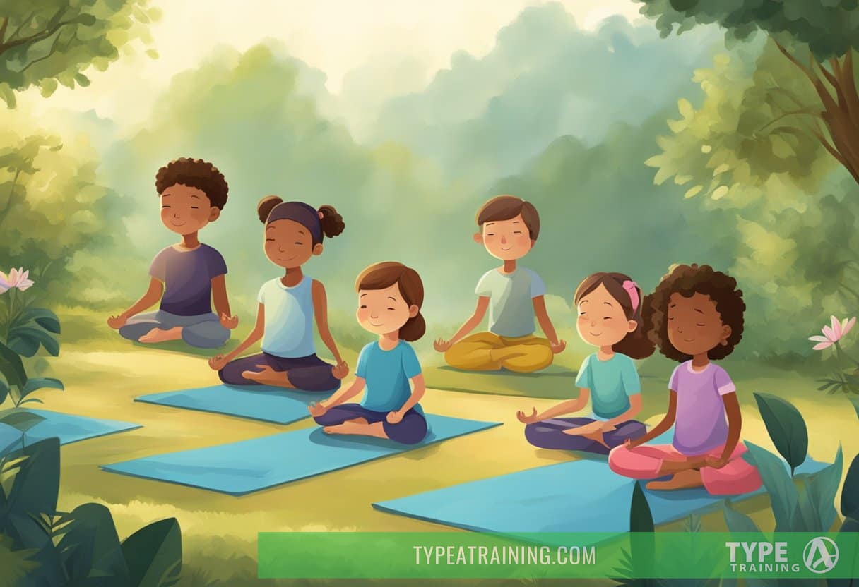 Children practicing yoga and meditation in a peaceful outdoor setting, surrounded by nature and focused on their breath and movements
