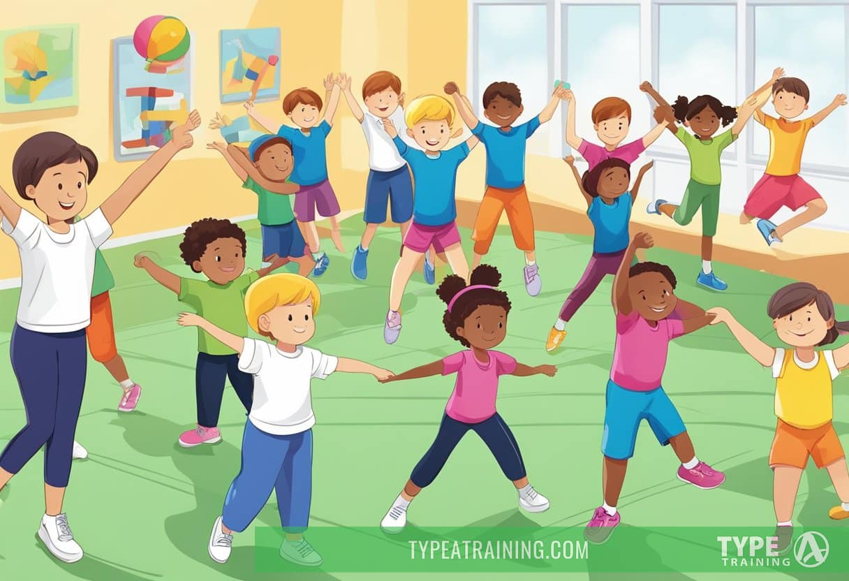 Children follow a structured exercise routine, focusing on discipline and concentration. They engage in various workouts, such as jumping jacks and stretching, to develop healthy habits