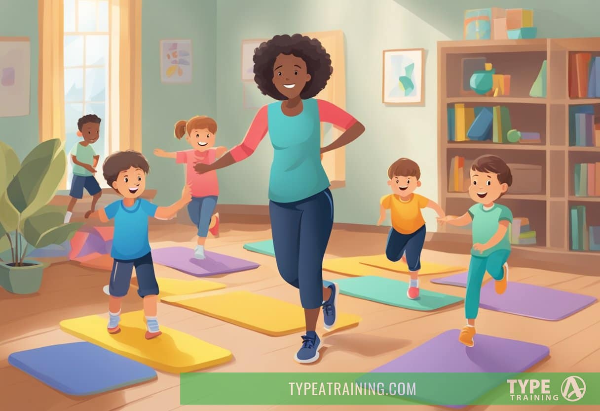 Children following a structured routine, engaging in physical activities with focus and discipline, guided by a supportive parent