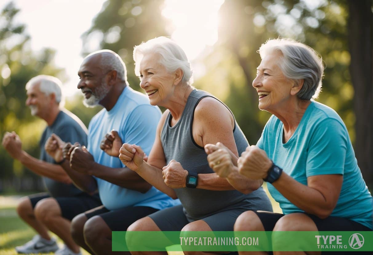 A group of seniors engage in various exercises under the guidance of a personal trainer. The trainer demonstrates patience, empathy, and adaptability to cater to the unique needs of each individual