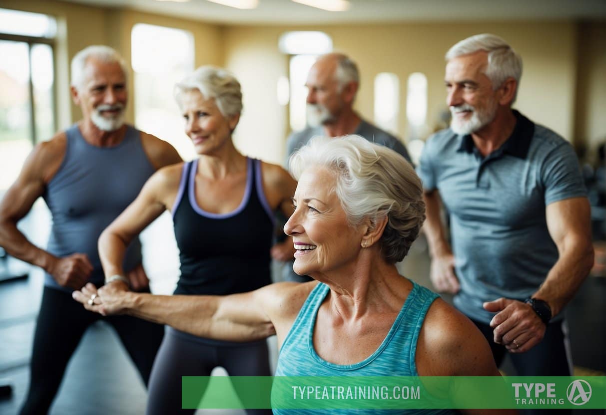 A group of seniors engage in a variety of exercises under the guidance of experienced and knowledgeable personal trainers. The trainers demonstrate patience, empathy, and a deep understanding of senior fitness