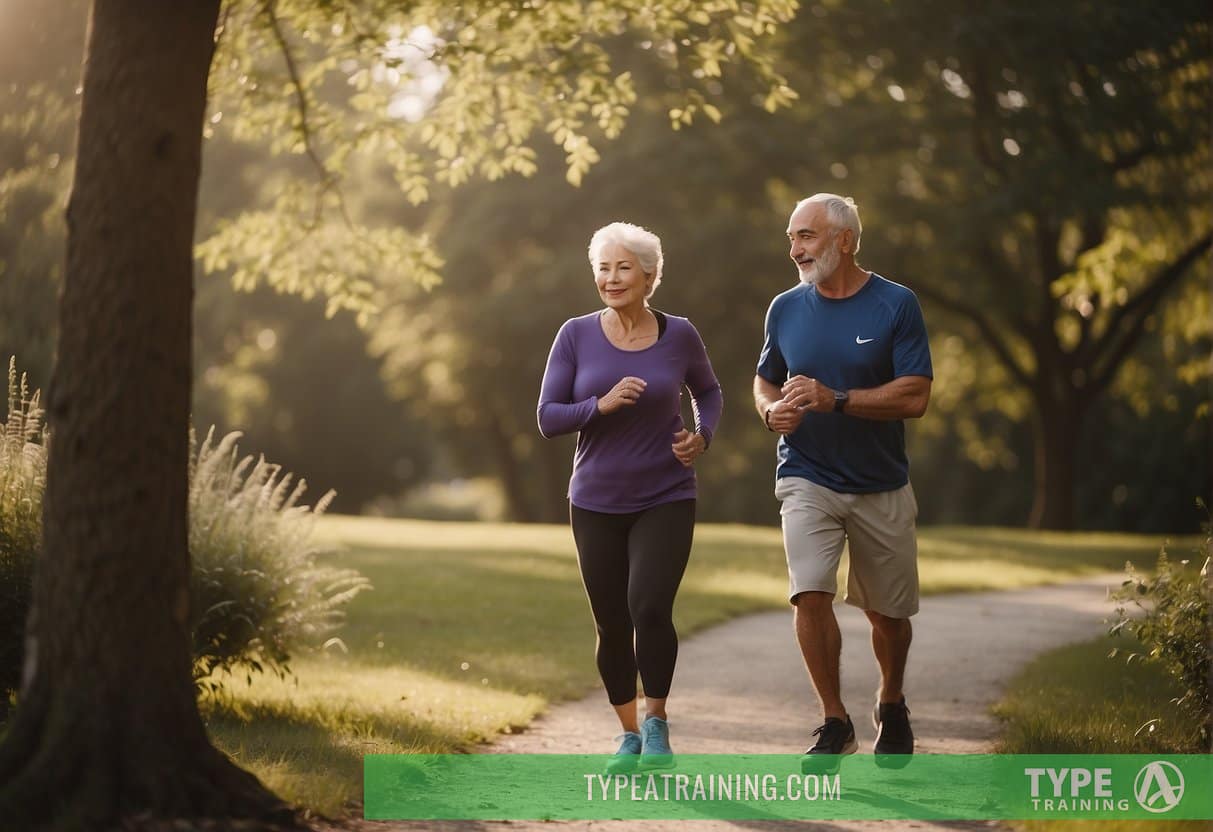 A senior exercising in a peaceful, natural setting with a supportive personal trainer guiding them through gentle movements and providing encouragement