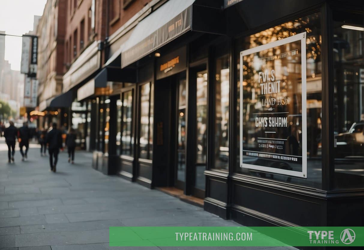 A bustling city street with various fitness studios and gyms lining the sidewalks, showcasing signs and posters advertising personal trainer services
