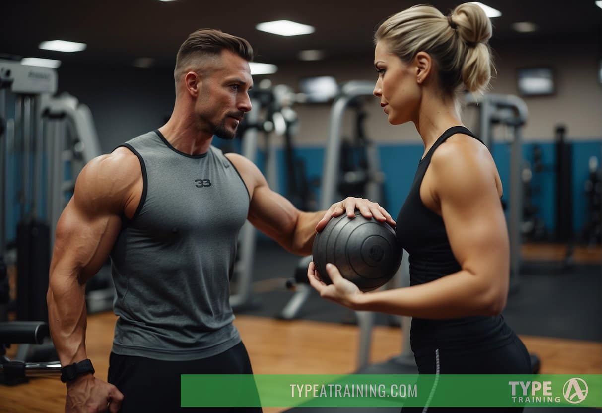 A personal trainer assists a client with specific needs in a Manhattan gym