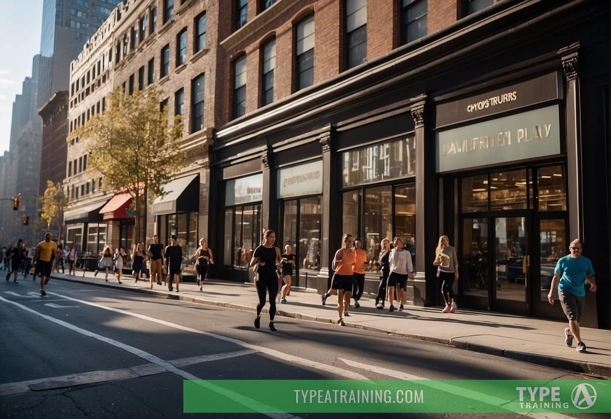 A bustling Manhattan street with various fitness studios and gyms, each displaying signs advertising personal training services. Pedestrians walk by, some stopping to glance at the offerings