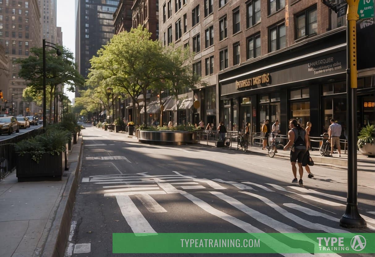 A busy city street with various fitness centers and gyms lining the sidewalks, each displaying signs advertising personal trainer options in Manhattan