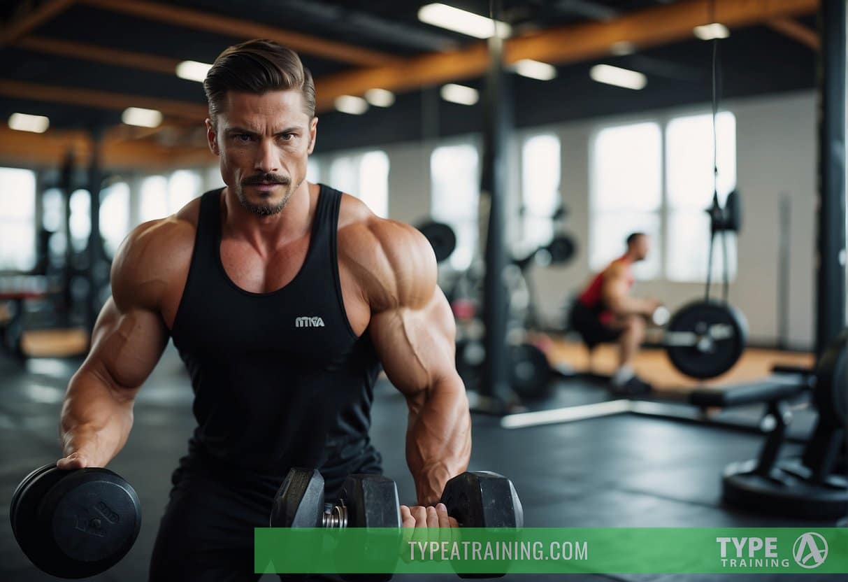 A person lifting weights in a gym, with a trainer nearby. Various resistance training equipment is visible, such as dumbbells, barbells, and resistance bands