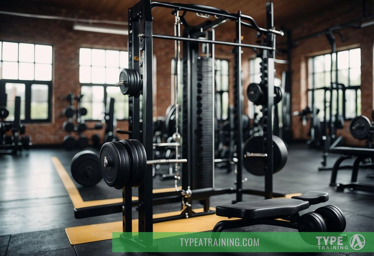 A weight rack and exercise bench sit in a well-lit gym. Dumbbells and resistance bands are neatly organized nearby