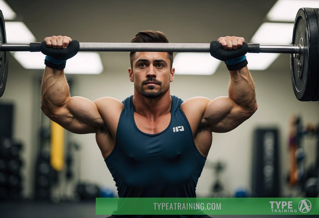 A weightlifter performing resistance training with proper form and technique, using free weights or resistance bands. The focus is on controlled movements and muscle engagement