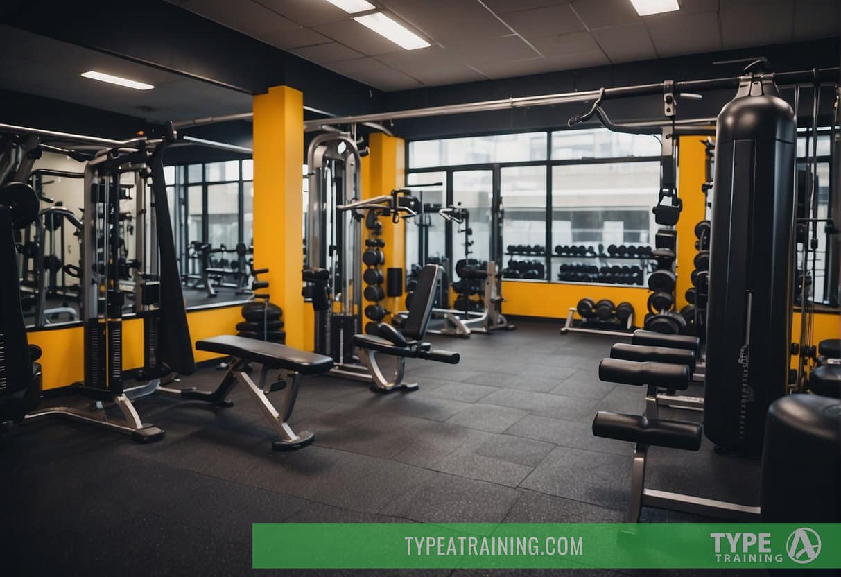 A gym with various resistance training equipment arranged for targeting major muscle groups