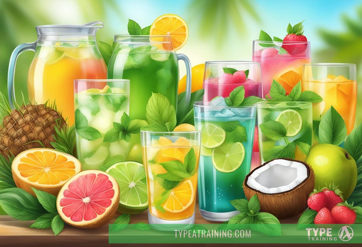 A table with a variety of colorful, refreshing drinks, such as herbal teas, coconut water, and fruit-infused water, surrounded by fresh fruits and herbs