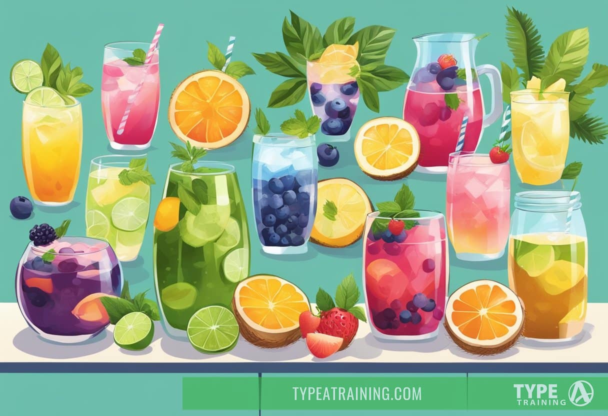 Various healthy drinks arranged on a table, including herbal tea, coconut water, and fruit-infused water. The drinks are displayed with vibrant colors and surrounded by fresh fruits and herbs