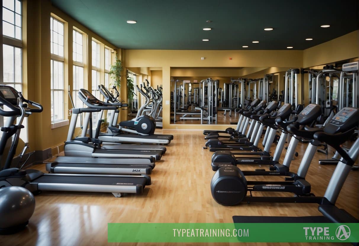 A gym filled with age-appropriate exercise equipment for teenagers, including free weights, resistance bands, and cardio machines. A trainer demonstrates proper technique for each exercise