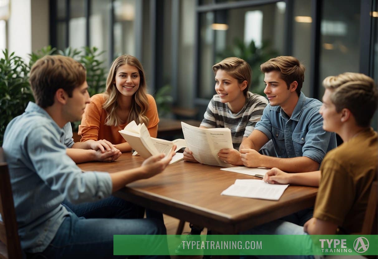 A group of teenagers gathered around a table, discussing and asking questions while holding a booklet titled "Frequently Asked Questions Exercise for Teenagers: A Complete Guide."