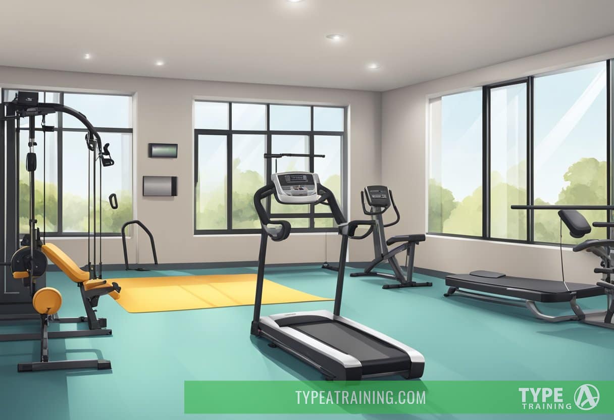 A home gym with modern equipment, clear space for movement, and safety features like padded flooring and handrails