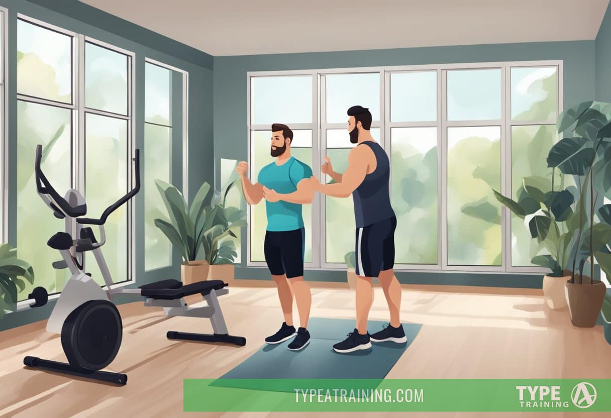 A personal trainer guides a client through exercises in a home gym, tracking progress and celebrating results