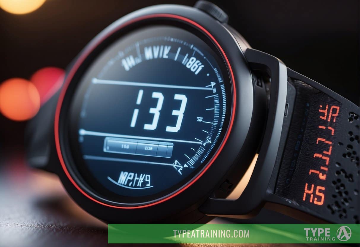 A heart rate monitor displays a high heart rate reading, with a red warning symbol flashing on the screen
