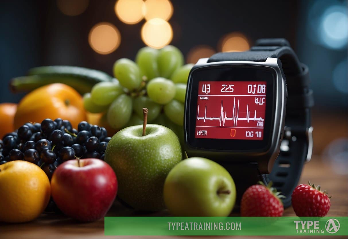 A heart rate monitor displaying a normal and dangerously high heart rate. Surrounding it are healthy lifestyle symbols like fruits, vegetables, and exercise equipment