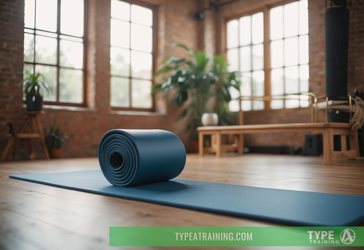 A serene studio with mats and props, showcasing the balance and strength of Pilates and the fluidity and mindfulness of Yoga