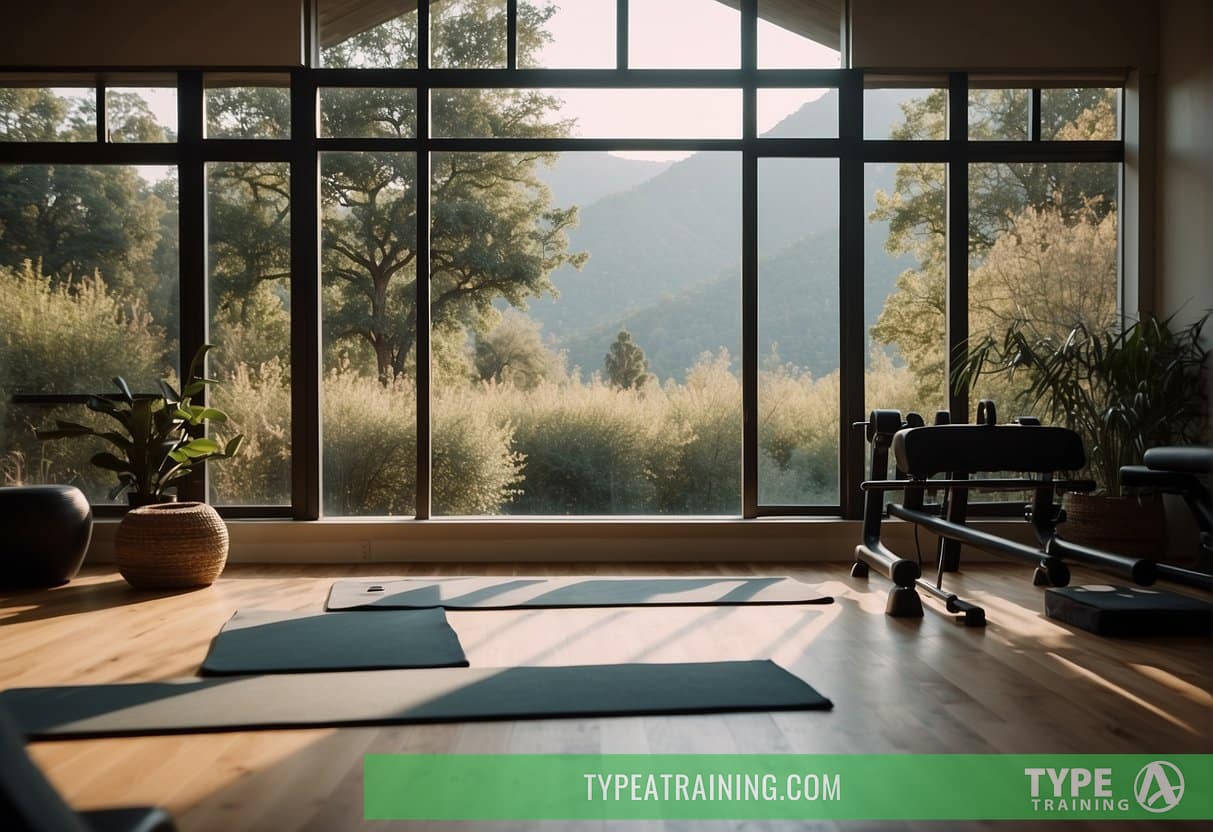 A serene studio with Pilates and yoga equipment, a backdrop of nature, and a runner's silhouette in the distance