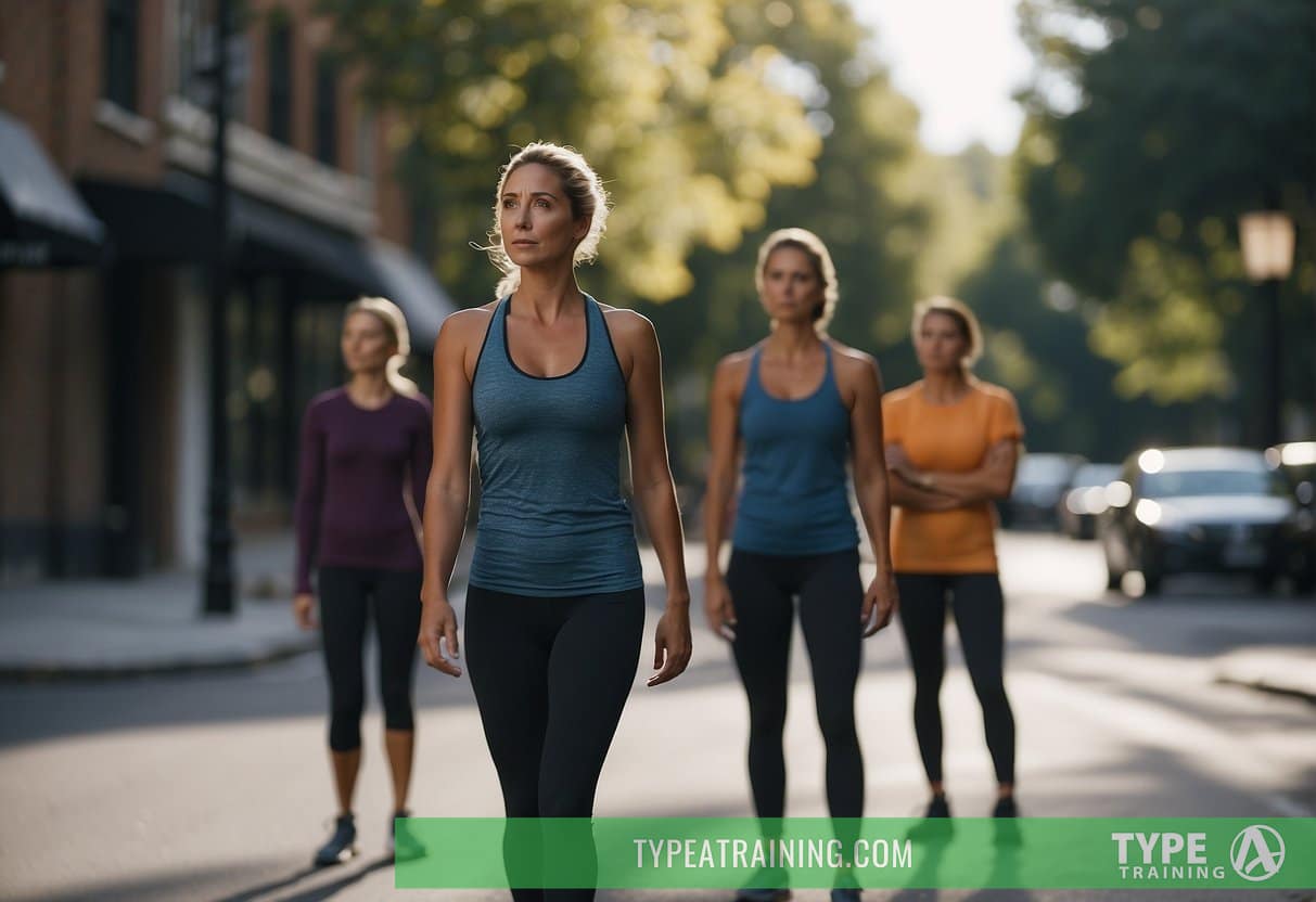 A runner stands at a crossroads, pondering between Pilates and Yoga classes. Two instructors wait on either side, each representing a different discipline