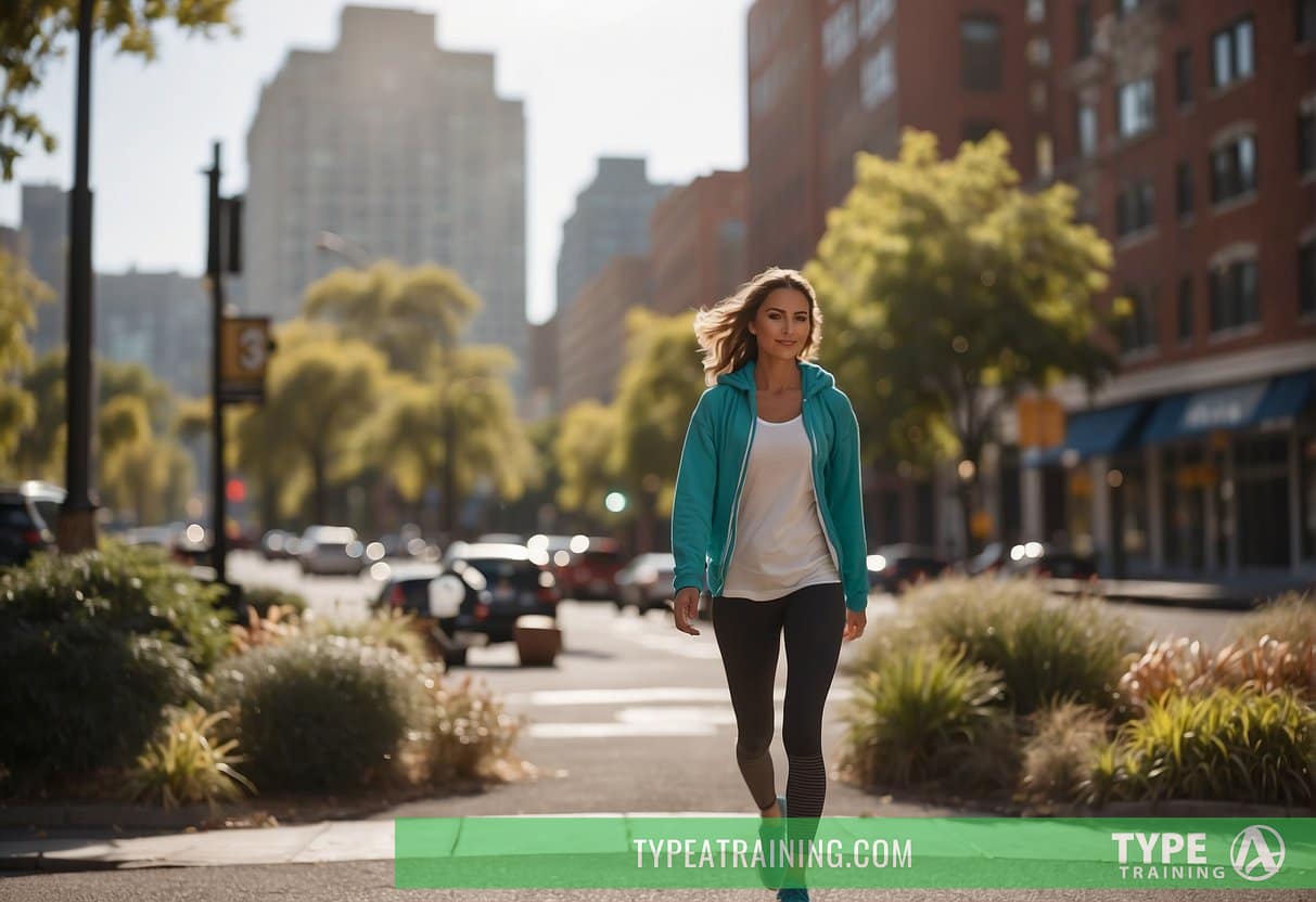 A runner stands at a crossroads, one path leading to a Pilates studio and the other to a yoga studio. Both places are bustling with activity, showcasing the benefits of each practice