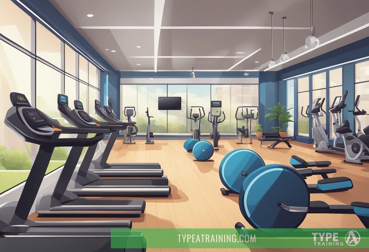 A gym with various price options and amenities, such as cardio machines, weightlifting equipment, and group fitness classes. The atmosphere is clean and inviting, with bright lighting and motivational posters on the walls