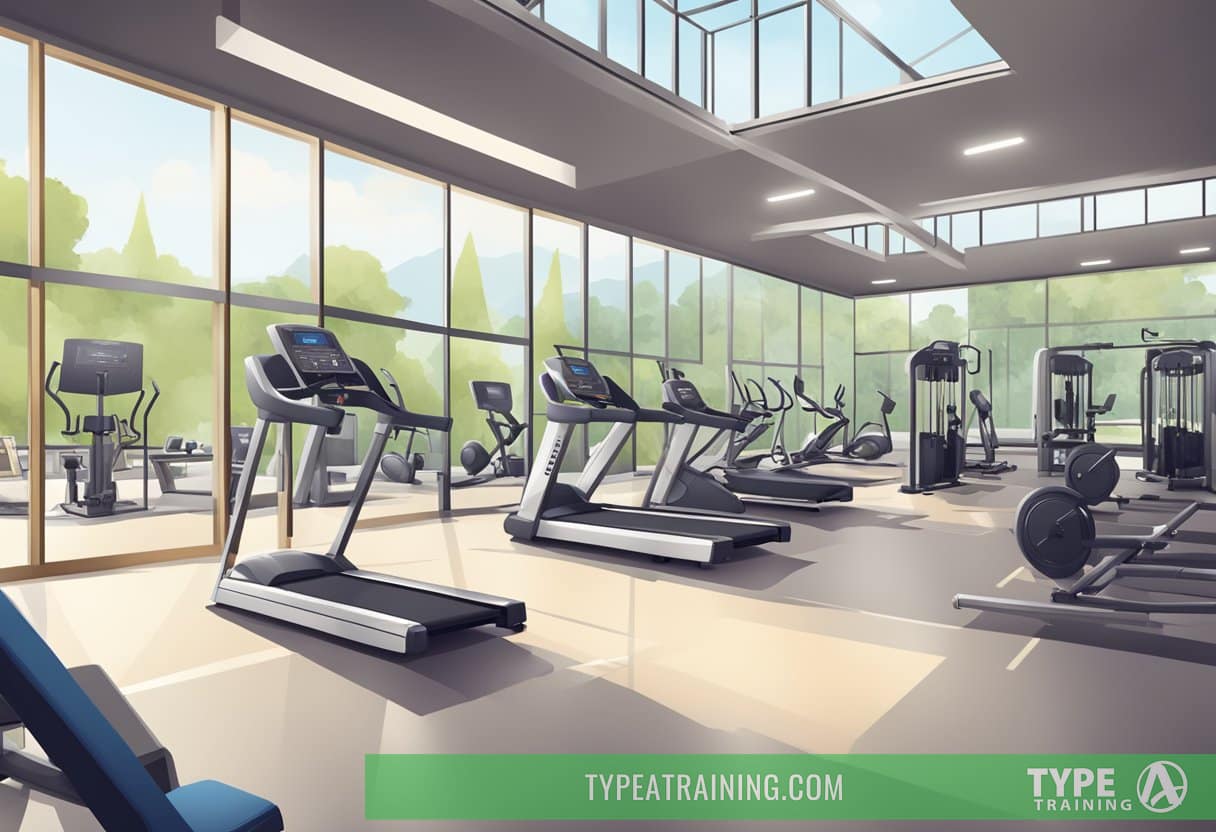 A gym with modern equipment, spacious layout, and natural lighting. Convenient location with ample parking. Signage displaying membership costs and amenities