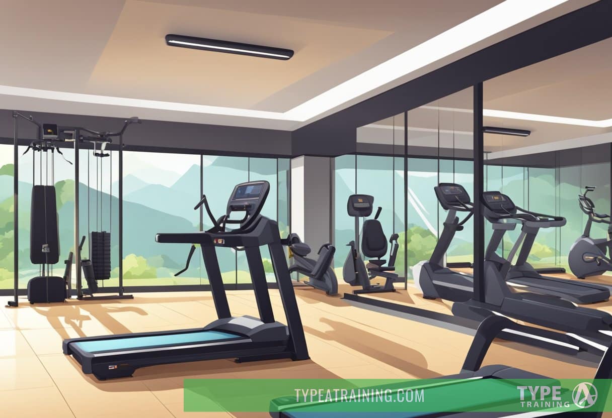 The gym is spacious, with modern equipment neatly arranged. Bright lighting and clean facilities create an inviting atmosphere. A price list and membership options are prominently displayed
