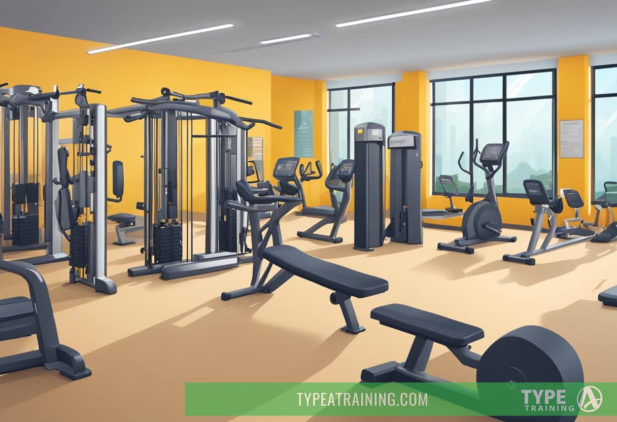 A gym with a price list and customer reviews displayed. Various factors such as equipment, cleanliness, and atmosphere are highlighted