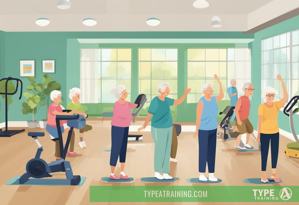 A group of seniors engage in gentle exercise and socialize in a bright, spacious common area. A variety of fitness equipment and wellness resources are easily accessible