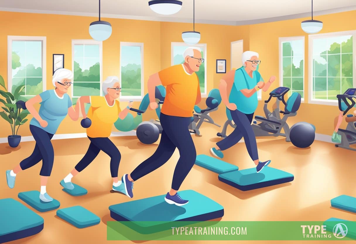 A group of seniors engage in various fitness activities in a vibrant, well-equipped senior living facility, with a focus on wellness and healthy living