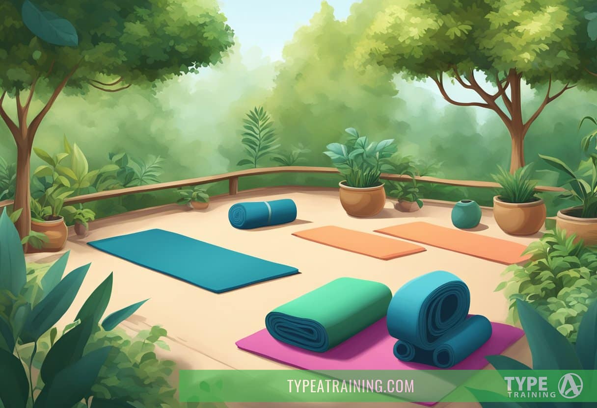 A serene garden with yoga mats and meditation cushions, surrounded by lush greenery and calming sounds of nature