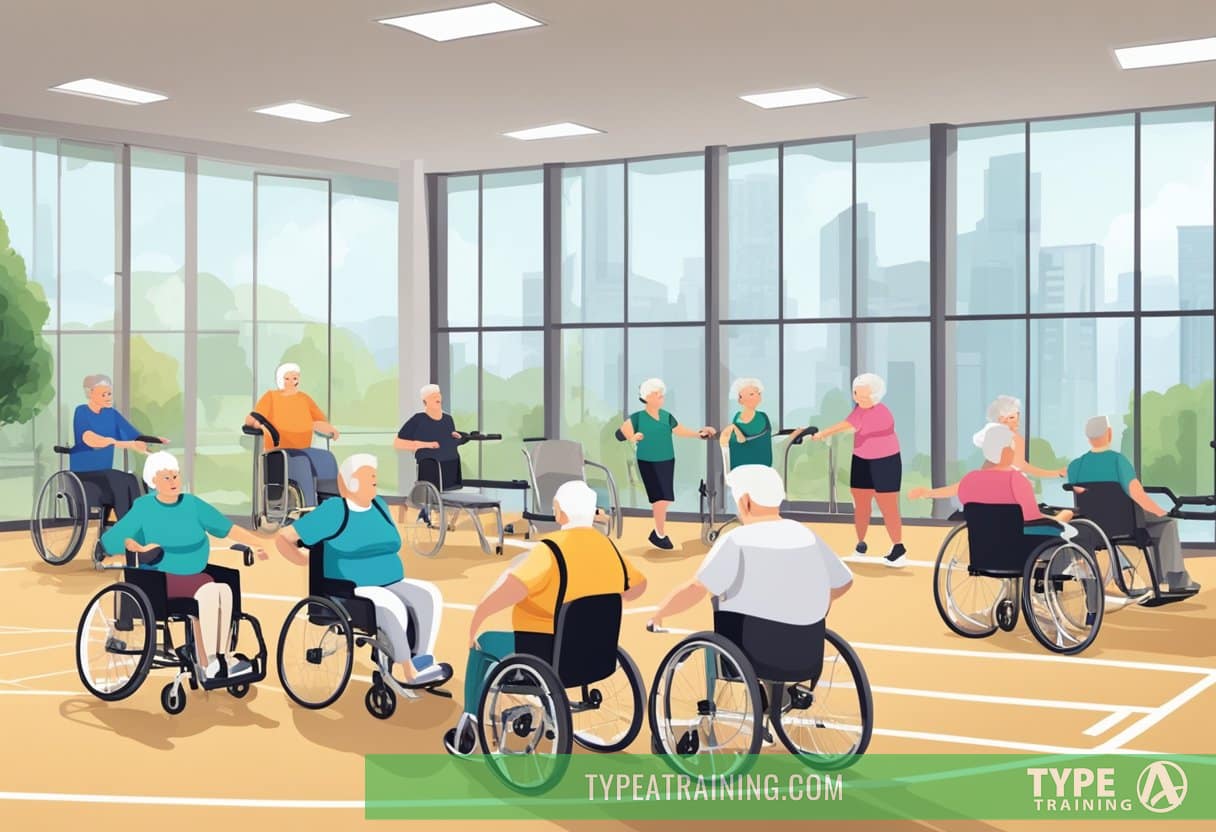 A group of seniors engage in fitness activities in a wheelchair-accessible gym, surrounded by wide walkways and ramps for easy mobility