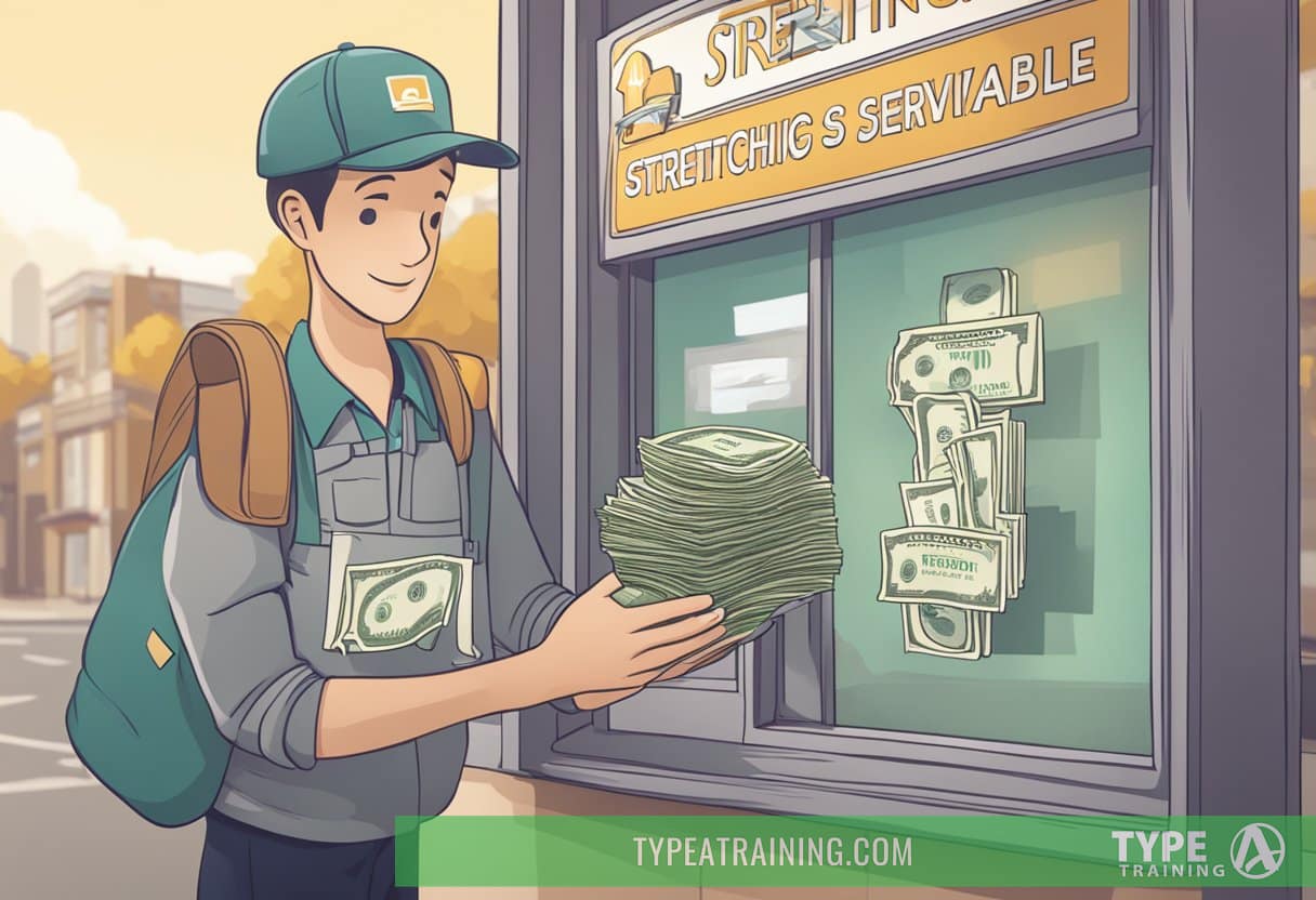 A person holding money, looking at a sign that says "Stretching Services Available."