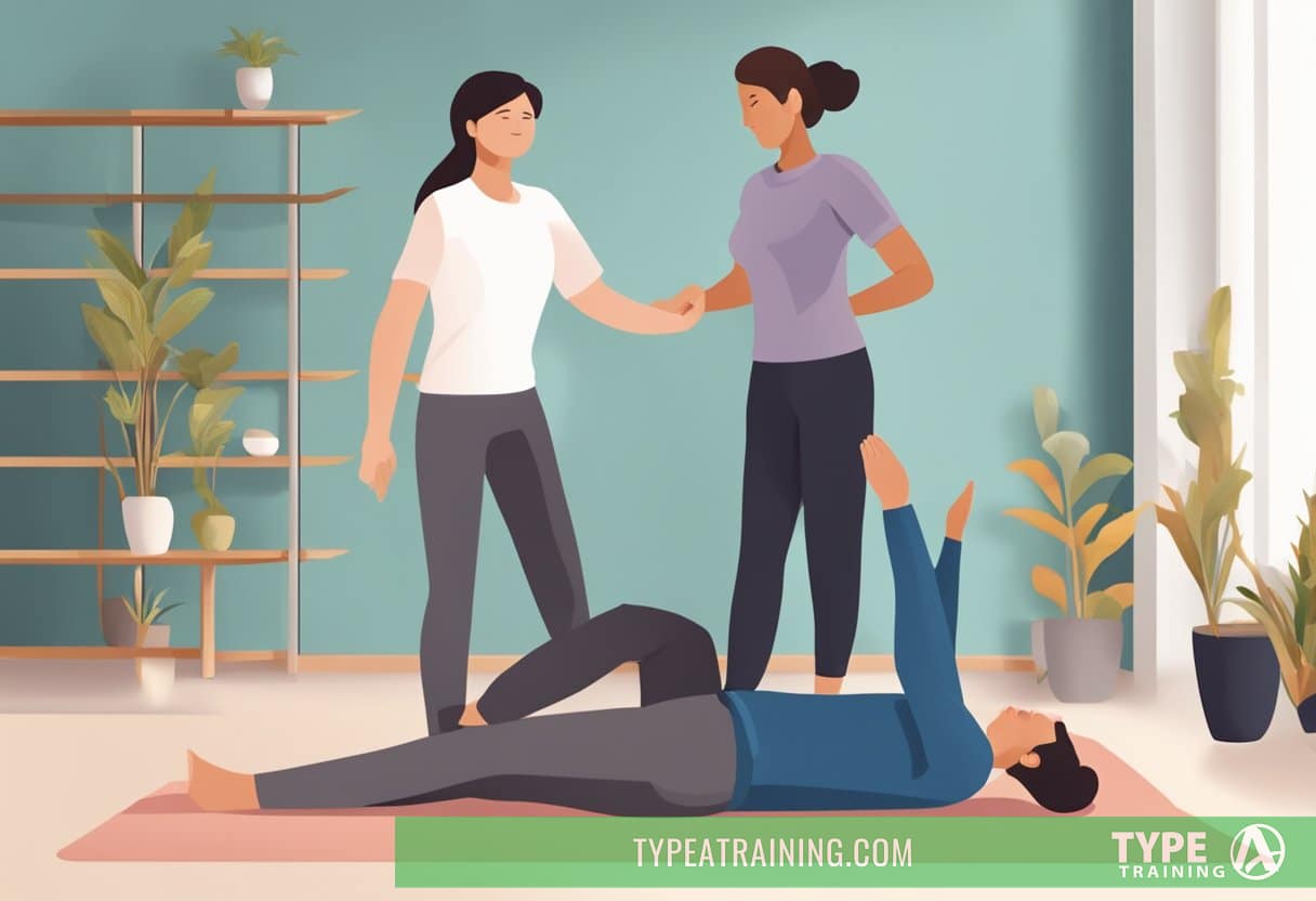 A person stretching with assistance from a professional. The professional is guiding the person through various stretching exercises, emphasizing the importance of proper technique and form