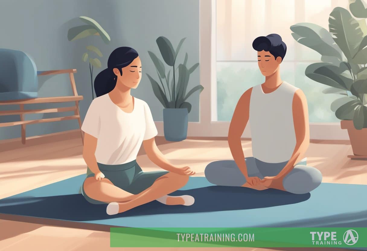 A person sits on a mat, while another person gently assists in stretching their limbs. The atmosphere is calm and focused, with soft lighting and soothing background music