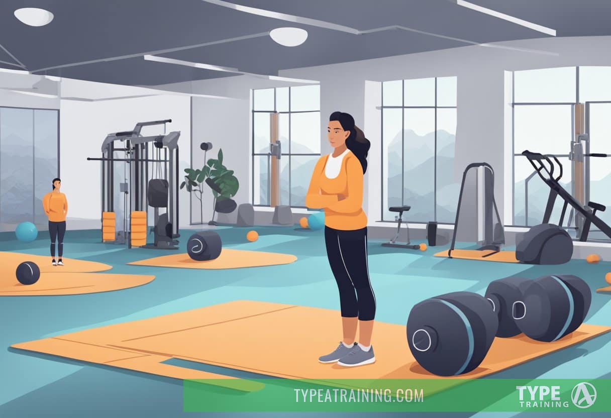 A person stands in a gym, contemplating whether to hire a stretching coach. The coach demonstrates various stretching techniques on a mat